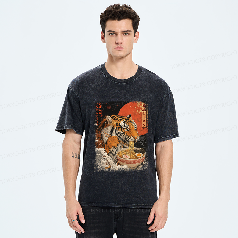 Tokyo-Tiger Ukiyoe Japan Tiger Eating Ramen Washed T-Shirt
