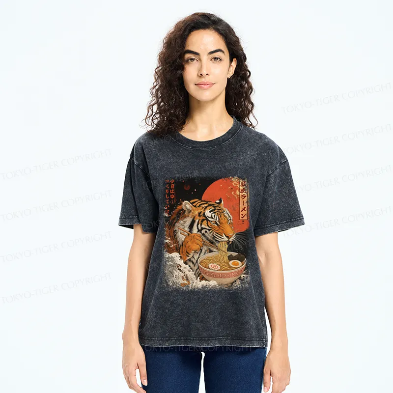 Tokyo-Tiger Ukiyoe Japan Tiger Eating Ramen Washed T-Shirt