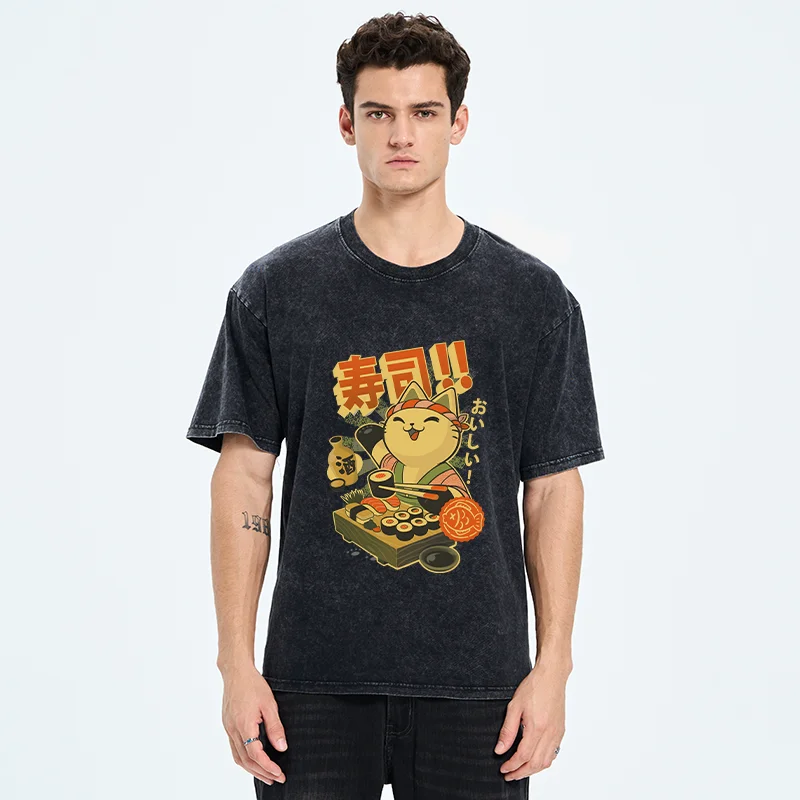 Tokyo-Tiger Cat Chef Special Sushi Washed T-Shirt