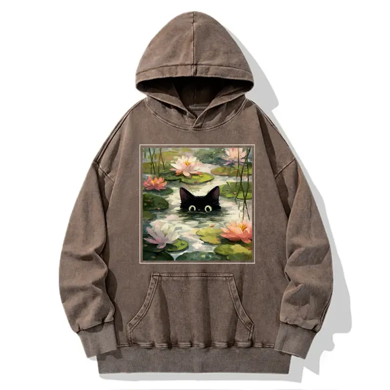 Tokyo-Tiger Black Cat and Lotus Flower Washed Hoodie