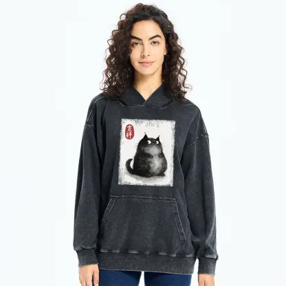 Tokyo-Tiger Auspicious Fluffy Black Cat Ink Painting Washed Hoodie