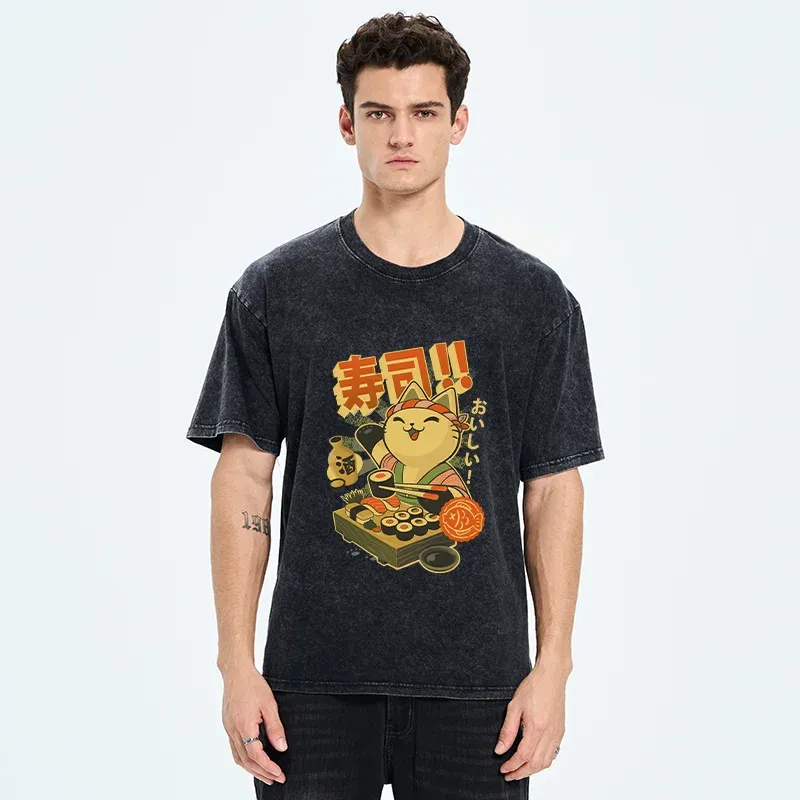 Tokyo-Tiger Cat Chef Special Sushi Washed T-Shirt