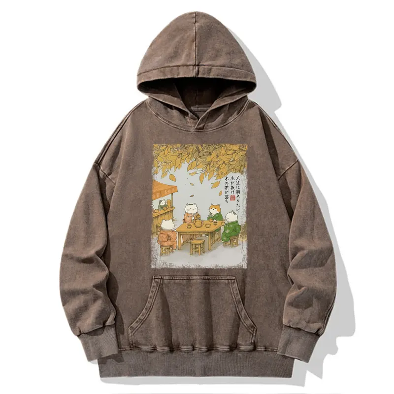Tokyo-Tiger Cats Drinking Tea Under The Tree Washed Hoodie