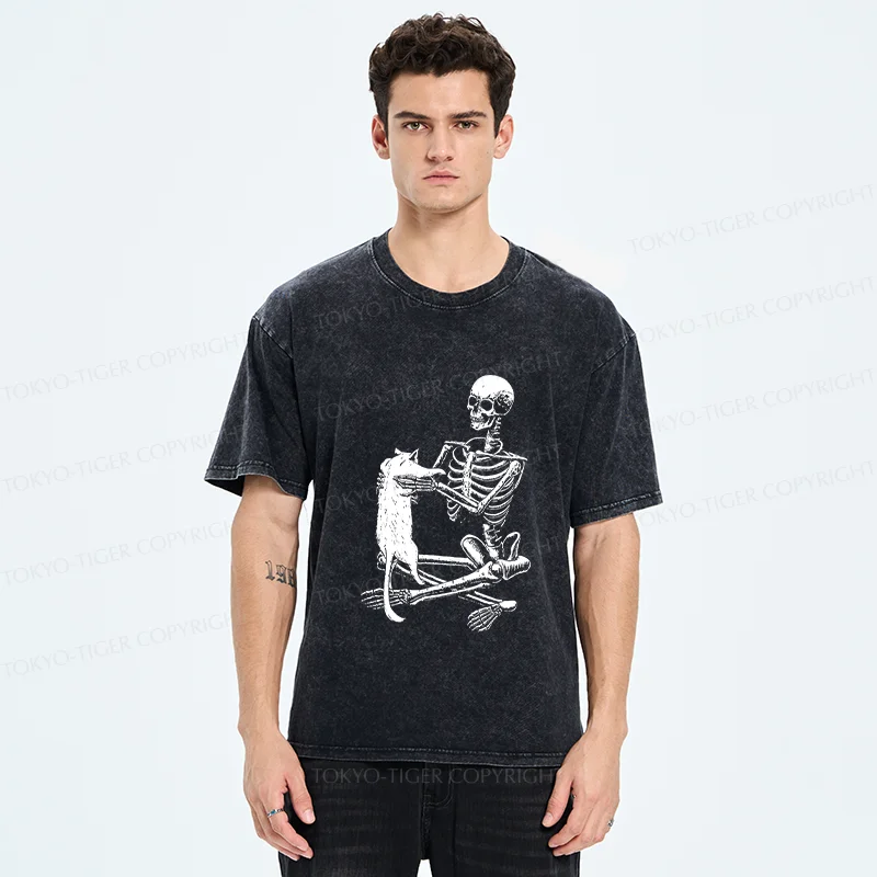 Tokyo-Tiger Skeleton And His Cat Washed T-Shirt