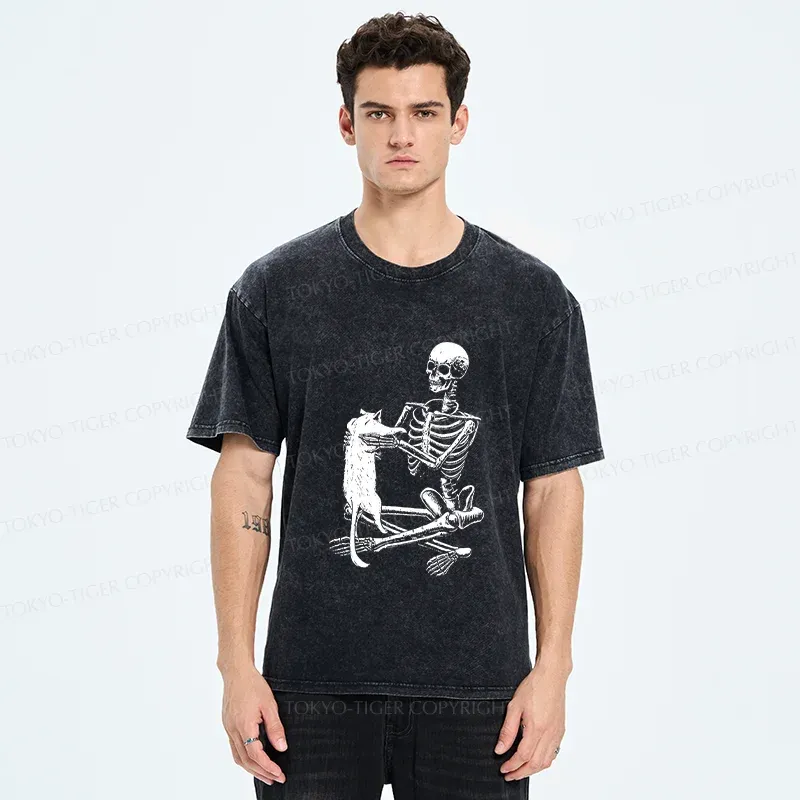 Tokyo-Tiger Skeleton And His Cat Washed T-Shirt