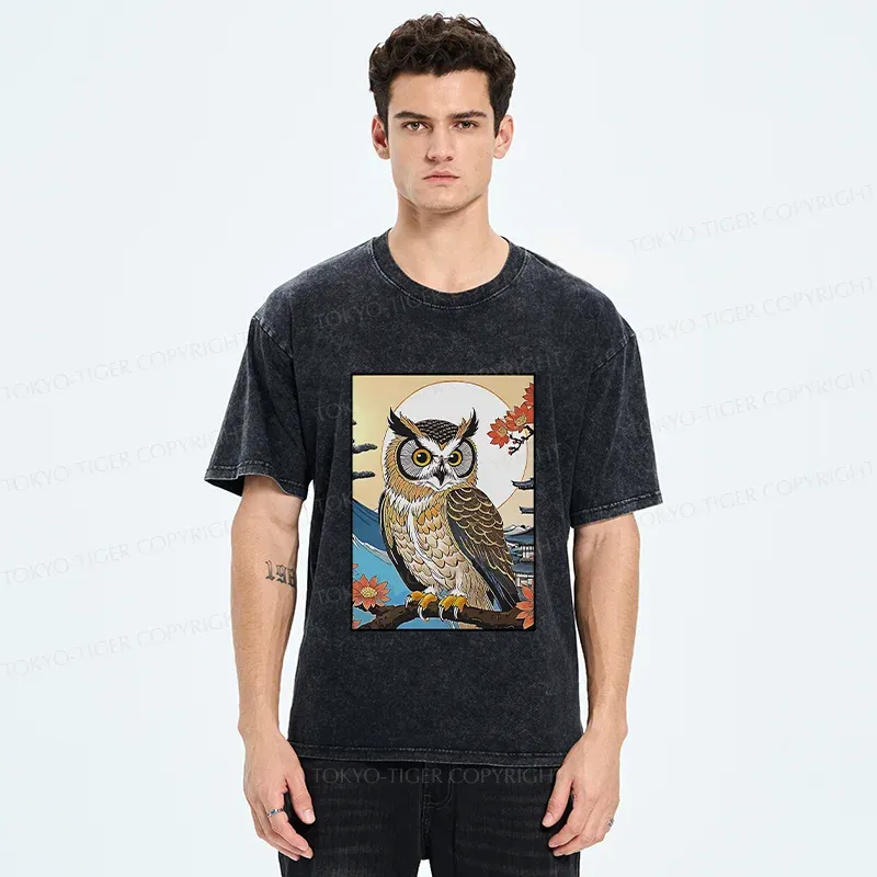 Tokyo-Tiger Owl Ukiyo-e Washed T-Shirt