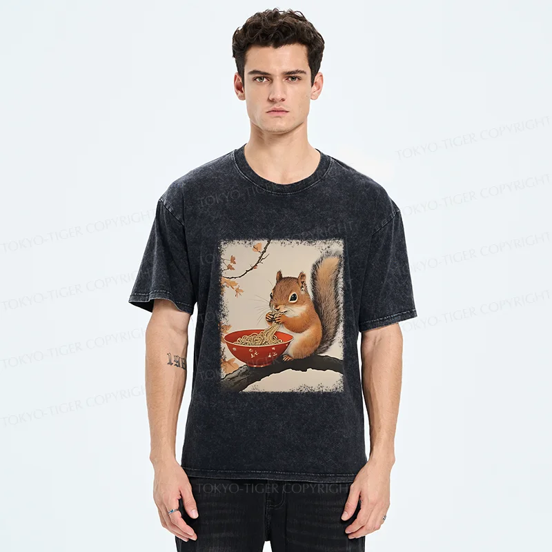 Tokyo-Tiger Squirrel Eating Ramen Washed T-Shirt