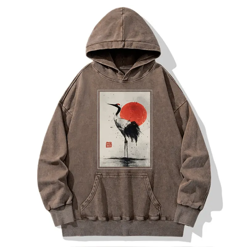 Tokyo-Tiger Retro Japanese Red-crowned Crane Washed Hoodie