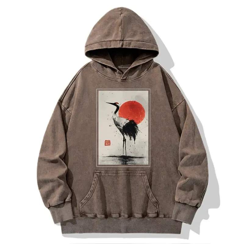Tokyo-Tiger Retro Japanese Red-crowned Crane Washed Hoodie