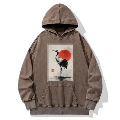 Tokyo-Tiger Retro Japanese Red-crowned Crane Washed Hoodie