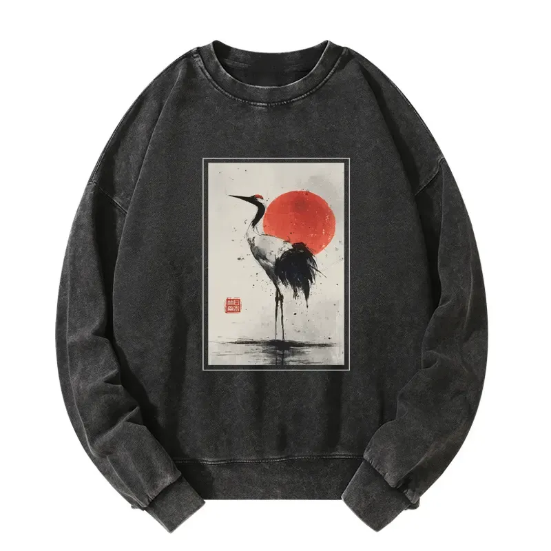 Tokyo-Tiger Retro Japanese Red-crowned Crane Washed Sweatshirt