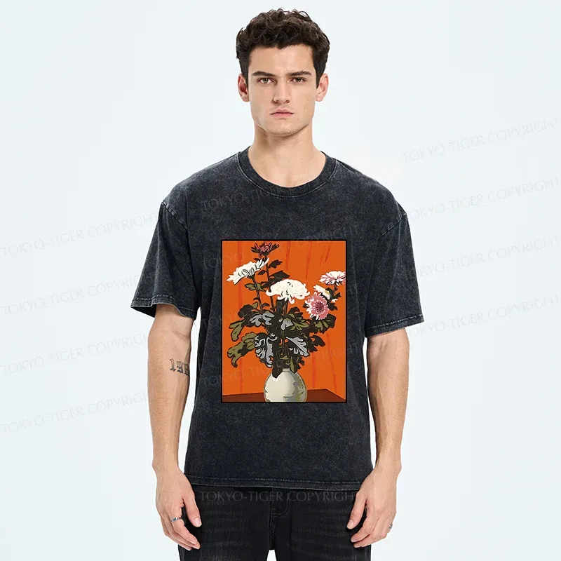 Tokyo-Tiger Japanese Flowers Washed T-Shirt