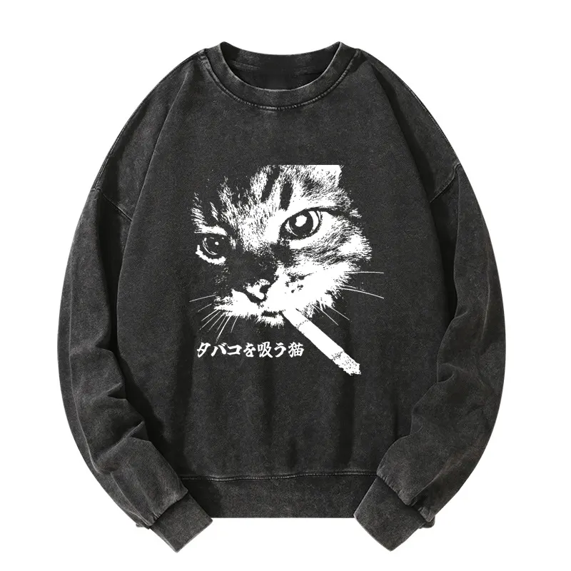 Tokyo-Tiger Retro Cat Smoking Washed Sweatshirt