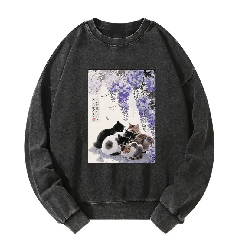 Tokyo-Tiger Cats plotting under the wisteria Washed Sweatshirt