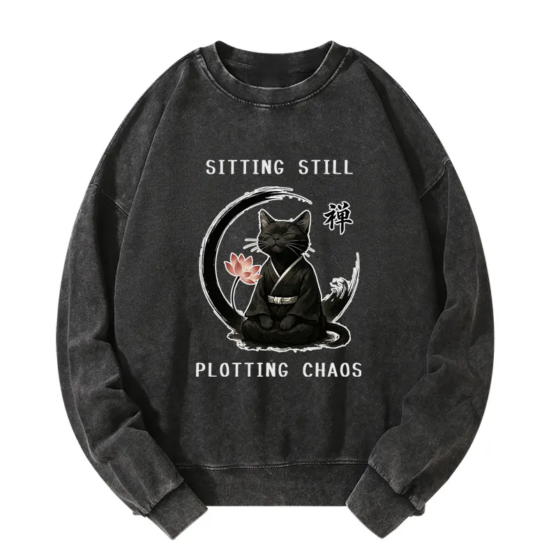 Tokyo-Tiger Sitting still  plotting chaos Calming Zen Cat Funny Washed Sweatshirt