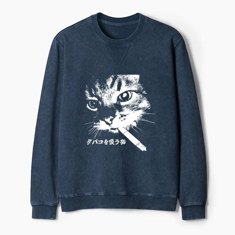 Tokyo-Tiger Retro Cat Smoking Washed Terry Sweatshirt