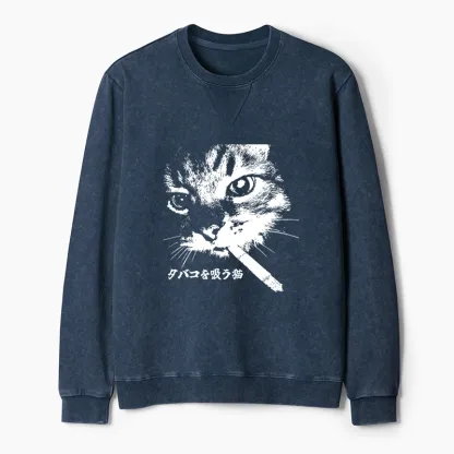 Tokyo-Tiger Retro Cat Smoking Washed Terry Sweatshirt