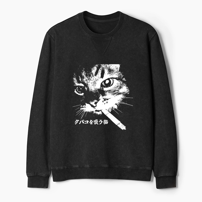 Tokyo-Tiger Retro Cat Smoking Washed Terry Sweatshirt