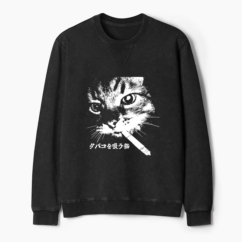 Tokyo-Tiger Retro Cat Smoking Washed Terry Sweatshirt