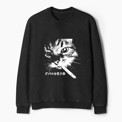 Tokyo-Tiger Retro Cat Smoking Washed Terry Sweatshirt