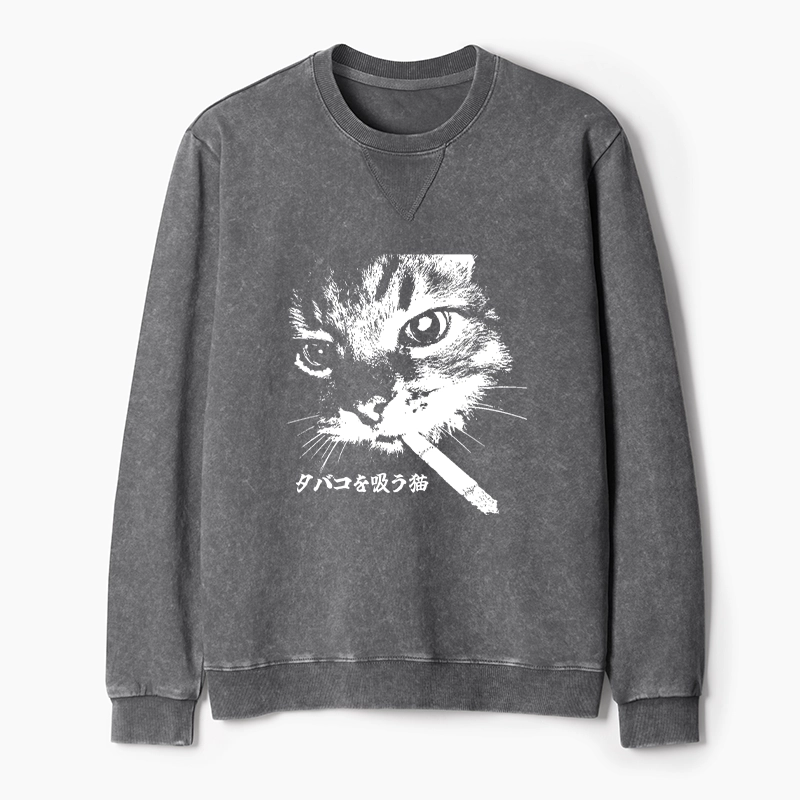 Tokyo-Tiger Retro Cat Smoking Washed Terry Sweatshirt