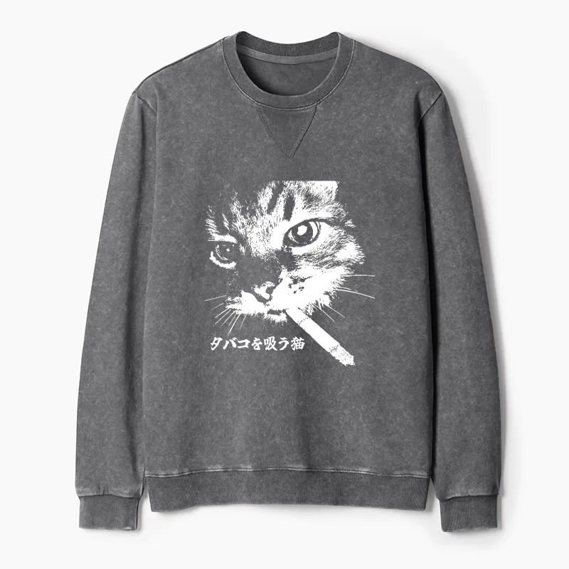 Tokyo-Tiger Retro Cat Smoking Washed Terry Sweatshirt