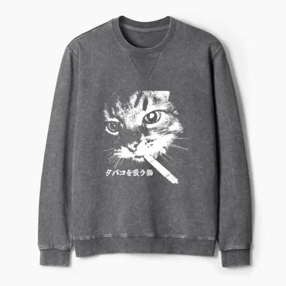 Tokyo-Tiger Retro Cat Smoking Washed Terry Sweatshirt
