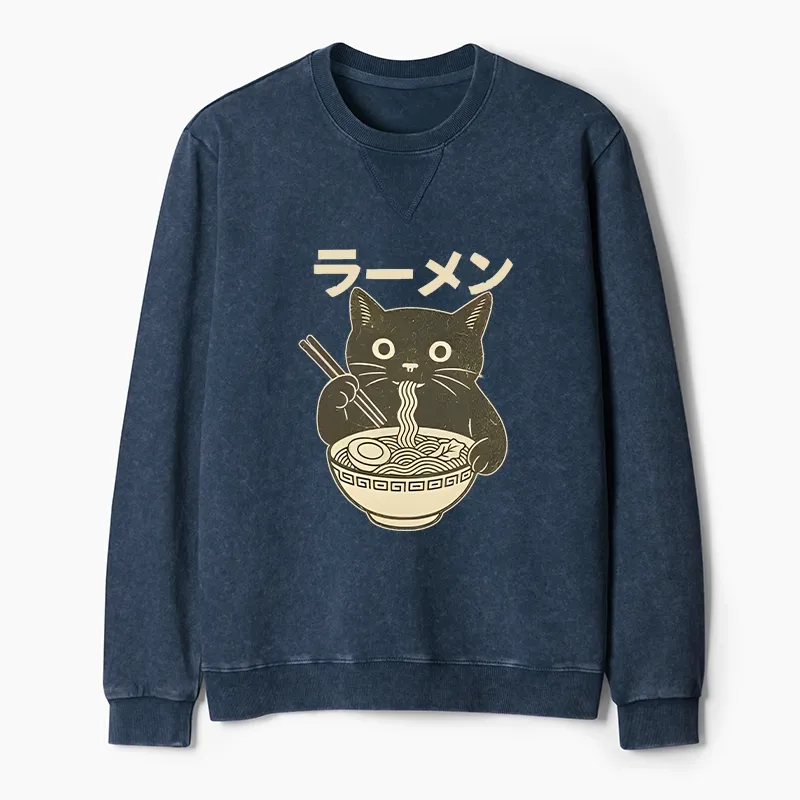 Tokyo-Tiger Simple Black Cat Eating Ramen Washed Terry Sweatshirt