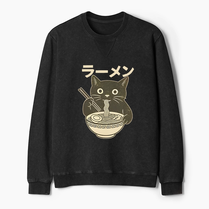 Tokyo-Tiger Simple Black Cat Eating Ramen Washed Terry Sweatshirt