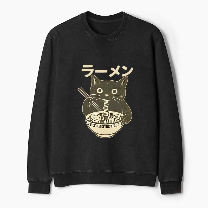 Tokyo-Tiger Simple Black Cat Eating Ramen Washed Terry Sweatshirt