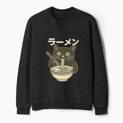 Tokyo-Tiger Simple Black Cat Eating Ramen Washed Terry Sweatshirt