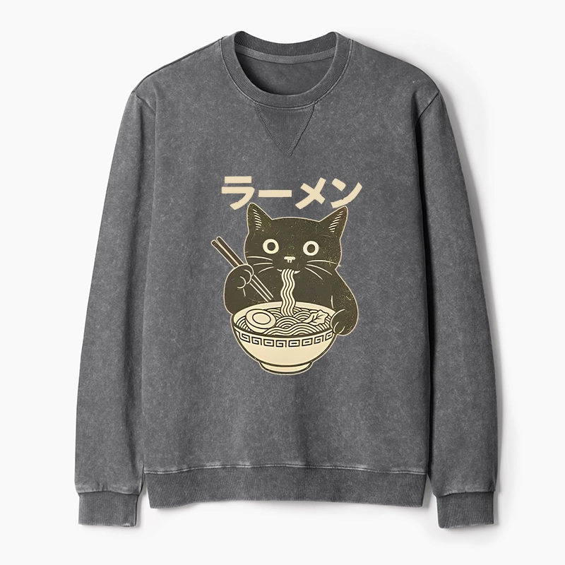 Tokyo-Tiger Simple Black Cat Eating Ramen Washed Terry Sweatshirt