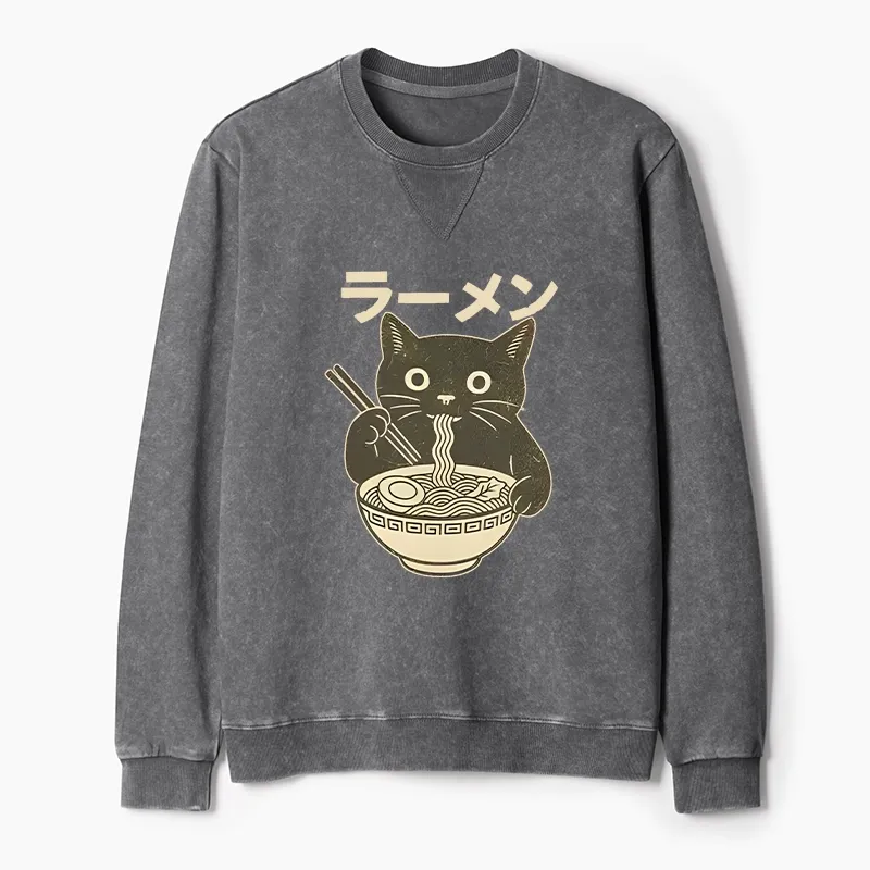 Tokyo-Tiger Simple Black Cat Eating Ramen Washed Terry Sweatshirt