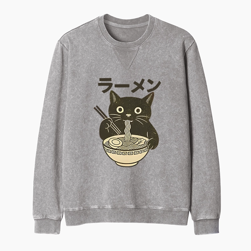 Tokyo-Tiger Simple Black Cat Eating Ramen Washed Terry Sweatshirt