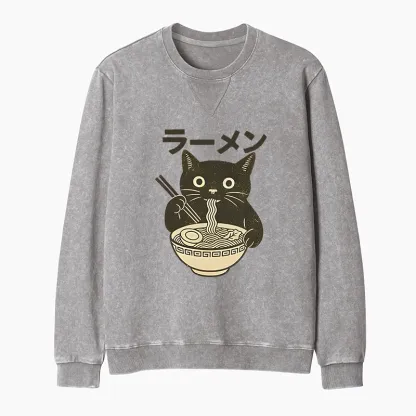 Tokyo-Tiger Simple Black Cat Eating Ramen Washed Terry Sweatshirt