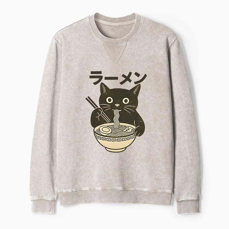 Tokyo-Tiger Simple Black Cat Eating Ramen Washed Terry Sweatshirt
