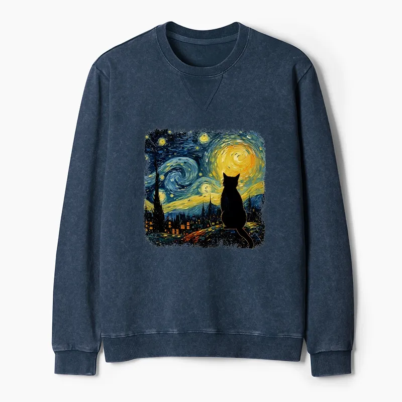 Tokyo-Tiger The Starry Night Cat Washed Terry Sweatshirt