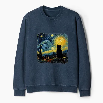 Tokyo-Tiger The Starry Night Cat Washed Terry Sweatshirt