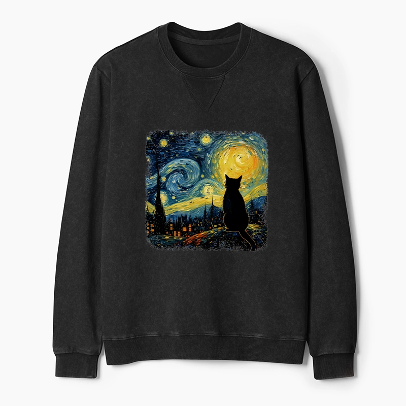 Tokyo-Tiger The Starry Night Cat Washed Terry Sweatshirt