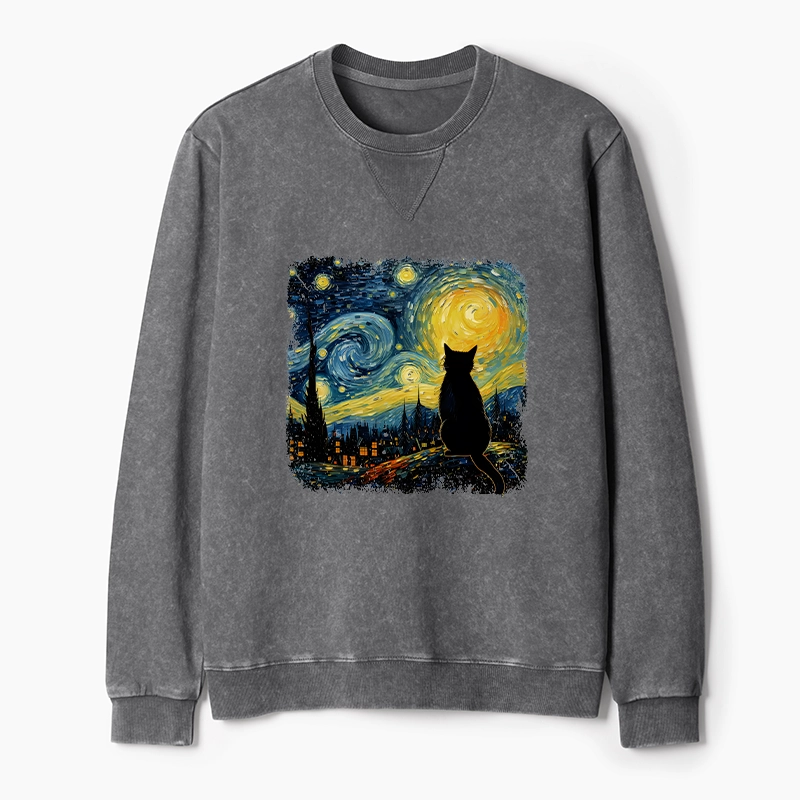 Tokyo-Tiger The Starry Night Cat Washed Terry Sweatshirt