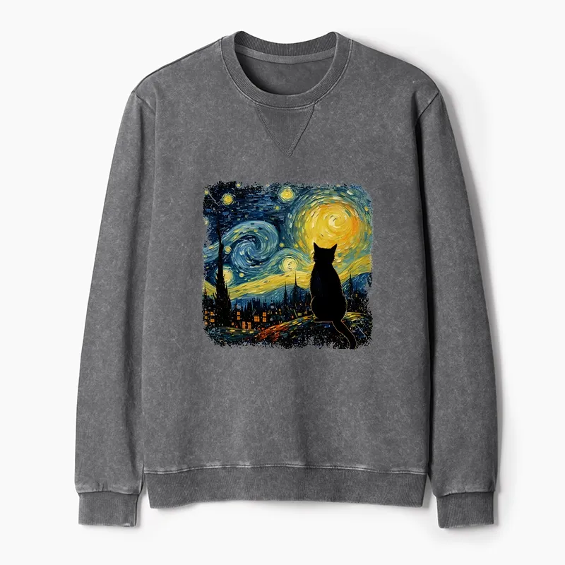 Tokyo-Tiger The Starry Night Cat Washed Terry Sweatshirt