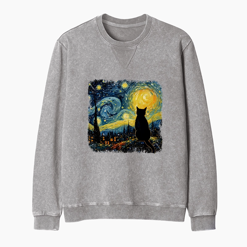 Tokyo-Tiger The Starry Night Cat Washed Terry Sweatshirt
