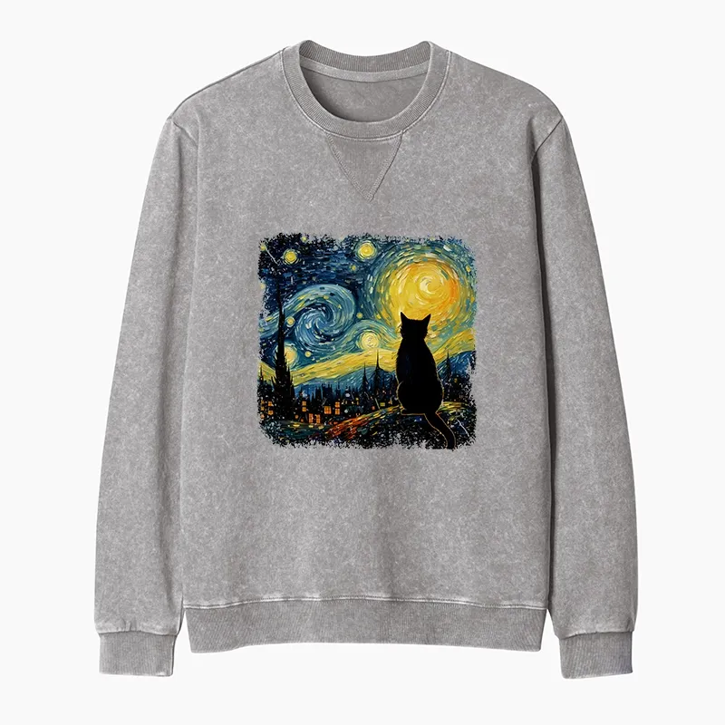 Tokyo-Tiger The Starry Night Cat Washed Terry Sweatshirt