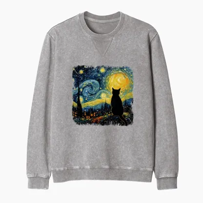 Tokyo-Tiger The Starry Night Cat Washed Terry Sweatshirt
