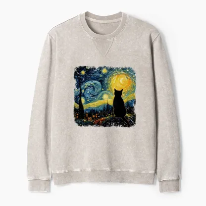 Tokyo-Tiger The Starry Night Cat Washed Terry Sweatshirt