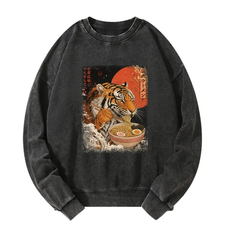 Tokyo-Tiger Ukiyoe Japan Tiger Eating Ramen Washed Sweatshirt