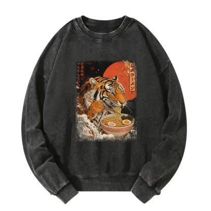 Tokyo-Tiger Ukiyoe Japan Tiger Eating Ramen Washed Sweatshirt
