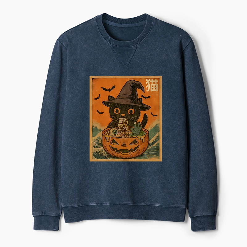 Tokyo-Tiger Halloween Cat Eating Ramen Washed Terry Sweatshirt