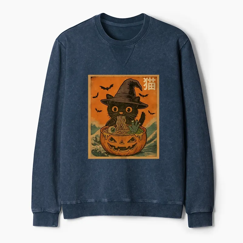 Tokyo-Tiger Halloween Cat Eating Ramen Washed Terry Sweatshirt