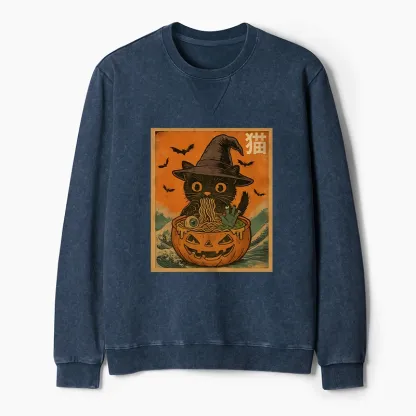 Tokyo-Tiger Halloween Cat Eating Ramen Washed Terry Sweatshirt